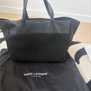 Beautiful Saint Laurent Black Studded East West Tote with Leather Trim